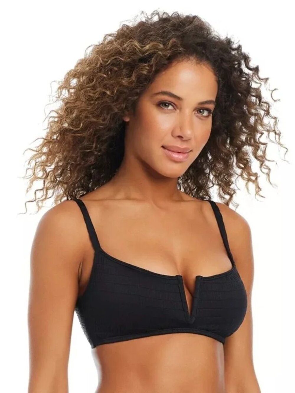 Bar III Smocked V-Wire Bikini Top Women’s Size L Black Swim Top NWT